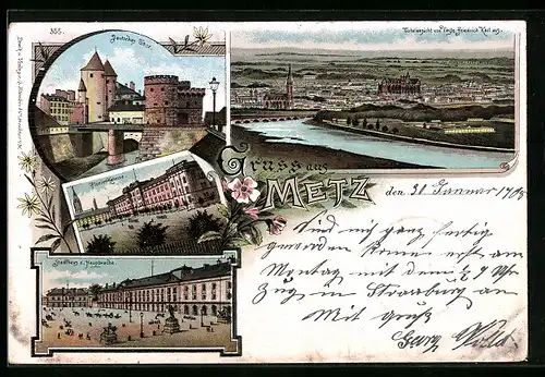 Lithographie Metz, Totalansicht, Deutsches Tor, Pionier Kaserne