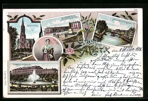 Lithographie Metz, Kaiser Wilhelm Kaserne, Felsenbäder und Justizpalast mit Esplanade