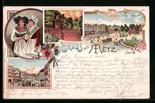 Lithographie Metz, Rhein. Jäger-Bataillon Nr. 8 Denkmal, Ludwigsplatz