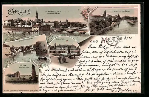 Lithographie Metz, St. Marcelenbrücke, Jungfernwehr mit Mittelbrücke