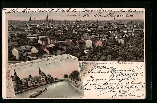 Lithographie Mülhausen i. E., Ortsansicht mit Flusspartie