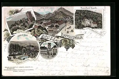 Lithographie Rappoltsweiler, Hotel Stadt Nanzig, Carola Bad und Dusenbach Kapelle