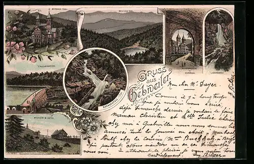 Lithographie Gebweiler, Lauchenweier, Lauchenfall und Belchen m. Hotel