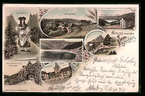 Lithographie Türkheim, Altes Thor, Elsässerin in Tracht und Weisser See u. Hotel