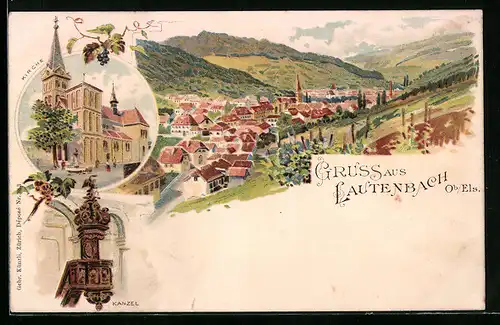 Lithographie Lautenbach Ob. Els., Ortsansicht, Kirche und Kanzel