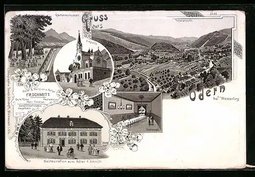 Lithographie Odern bei Wesserling, Hotel u. Pension z. Adler F. Schmitt und, Totalansicht