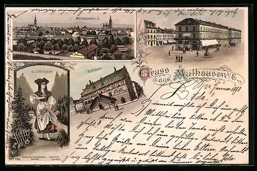 Lithographie Mülhausen i. E., Elsässerin in Tracht und Ortsansicht