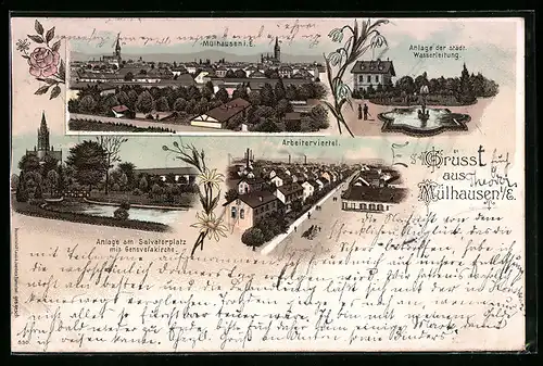 Lithographie Mülhausen, Arbeiterviertel, Ortsansicht und Anlage der städt. Wasserleitung