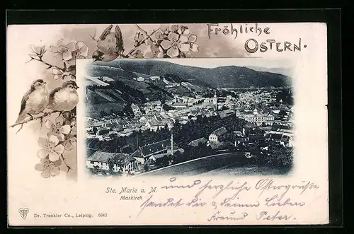 AK St. Marie a. M., Panorama, Vögel auf Zweigen, Ostergruss