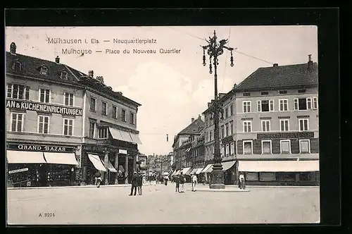 AK Mülhausen i. Els, Neuquartierplatz mit Geschäften