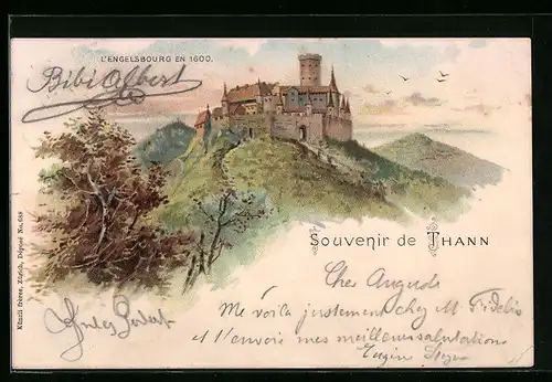 Lithographie Thann, L`Engelsbourg en 1600