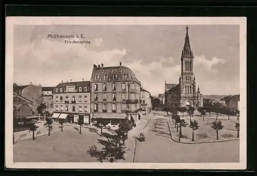 AK Mülhausen i. E., Friedensplatz mit Kirche