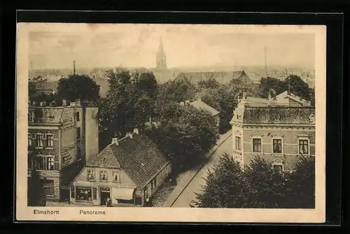 AK Elmshorn, Panorama mit Geschäft und Strasse aus der Vogelschau