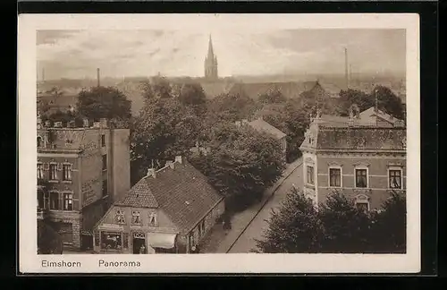 AK Elmshorn, Panorama mit Geschäft und Strasse von oben
