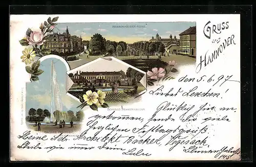 Lithographie Hannover, Schloss Herrenhausen, Grosse Fontaine, Herrenhäuser-Allee