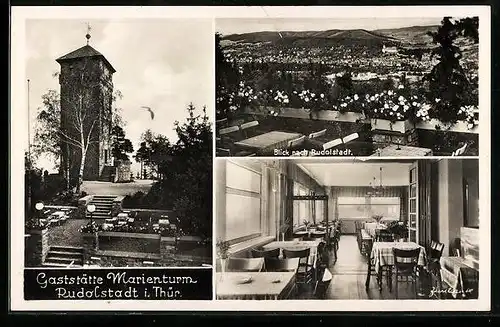 AK Rudolstadt i. Thür., Gasthaus Marienturm, Innenansicht, Blick nach dem Ort