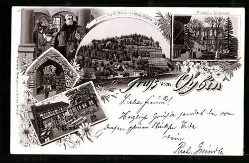 Lithographie Oybin, Kreuzgang, Gesellschaftsplatz und Friedhof mit Kirchruine