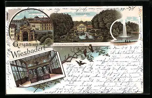 Lithographie Wiesbaden, Kochbrunnen, Kursaalplatz und grosse Fontaine