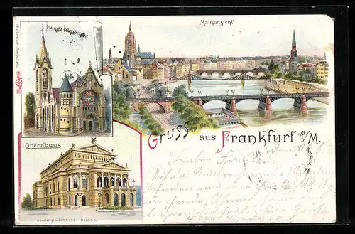 Lithographie Frankfurt a. M., Mainansicht, Opernhaus und die neue Peterskirche