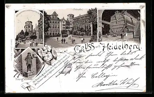 Lithographie Heidelberg, Schlosshof, Zwerg Perkeo und das grosse Fass