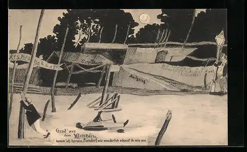 Wirtshaus-AK Niendorf, Ostseebad aus der Sicht eines Betrunkenen