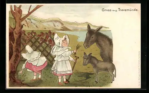 Lithographie Travemünde, Mädchen mit Esel