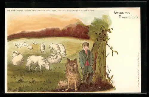 Lithographie Travemünde, Junge und Hund hüten Schafe