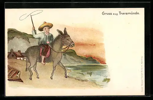 Lithographie Travemünde, Junger Bursche reitet einen Esel