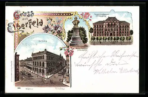 Lithographie Elberfeld, Rathaus und Moltke-Denkmal