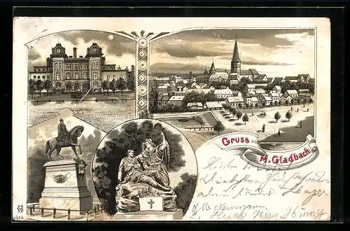 Lithographie M. Gladbach, Ortsansicht mit Denkmälern