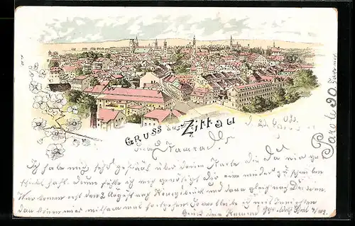 Lithographie Zittau, Blick auf den Ort