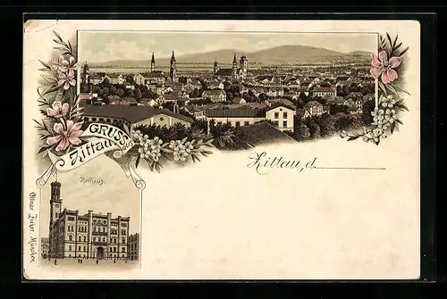 Lithographie Zittau, Ortsansicht und Rathaus