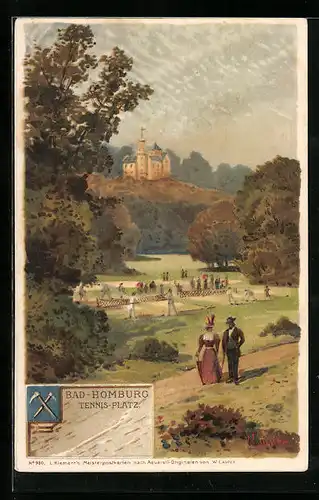 Lithographie Bad Homburg, Blick auf den Tennis-Platz