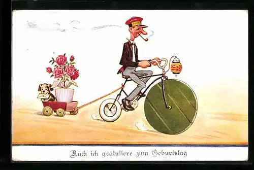 Künstler-AK Willi Scheuermann unsign.: Expressbote auf Fahrrad mit Blumen und Hund im Anhänger, Geburtstagsgruss