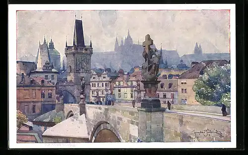 Künstler-AK Jaroslav Setelik: Prague, Le pont Charles et Mala Strana