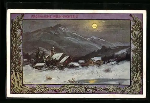 Künstler-AK August Splitgerber: Verschneite Ortschaft bei Vollmond, Weihnachtsgruss