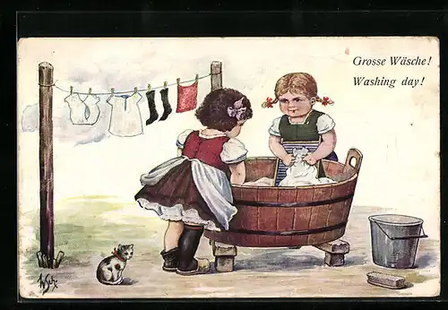 Künstler-AK Willi Scheuermann: Kleine Wäscherinnen am Waschtag