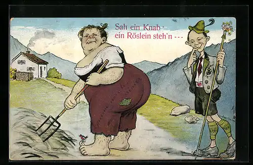 Künstler-AK Willi Scheuermann: Wanderer und dicke Bäuerin