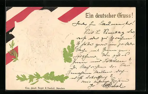 Präge-AK Ein deutscher Gruss, Reichsadler, Fahnen