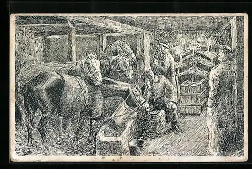 Künstler-AK Weihnachten bei einer Kolonne, Soldaten mit Pferden im Stall