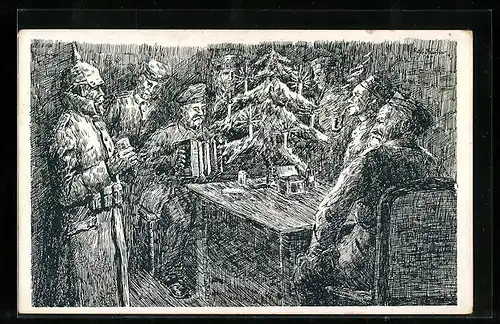 Künstler-AK Soldaten an Weihnachten im Unterstand mit Akkordeon