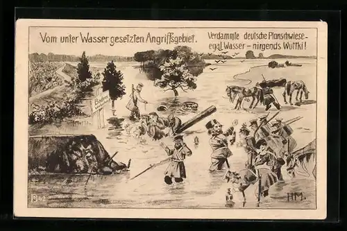 Künstler-AK Feindliche Soldaten ärgern sich dass die Angriffsgebiete nicht mit Wuttki geflutet wurden