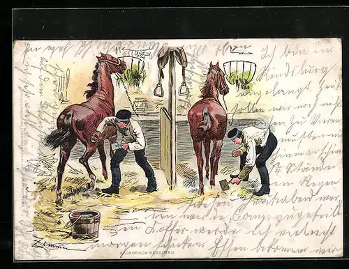 Künstler-AK Soldaten bürsten Pferde, 1. Weltkrieg