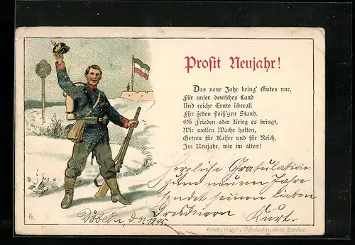 Vorläufer-Lithographie Neujahrsgruss, 1895, Soldat in Uniform