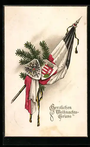 AK Deutsche Fahne mit Tannenzweig und Wappen