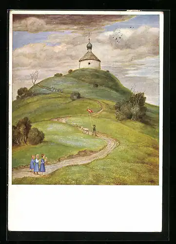Künstler-AK Matthäus Schiestl: Kinder auf dem Weg zur Kapelle auf dem Hügel