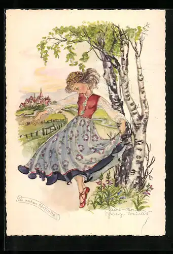 Künstler-AK Schwarz-Torino: Frau im bunten Kleid mit roten Schuhen