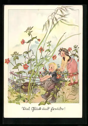 Künstler-AK Schwarz-Torino: Zwei Kinder mit grosser Schnecke in den Gräsern, Blumen