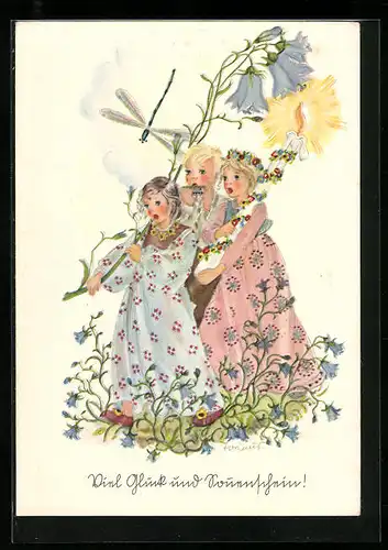 Künstler-AK Schwarz-Torino: Kinder in bunten Kleidern, Blumen, Libelle