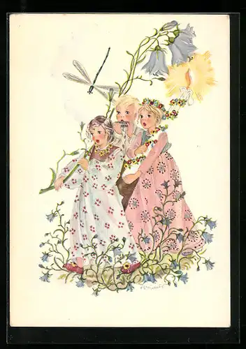 Künstler-AK Schwarz-Torino: Kinder in bunten Kleidern, Blumen, Libelle